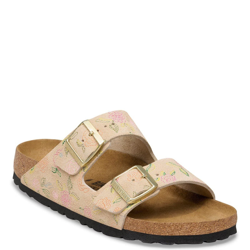 Birkenstock Arizona Rivet Logo Suede Leather Sandcastle Flower Print Sandal Smutter Dame Blomster