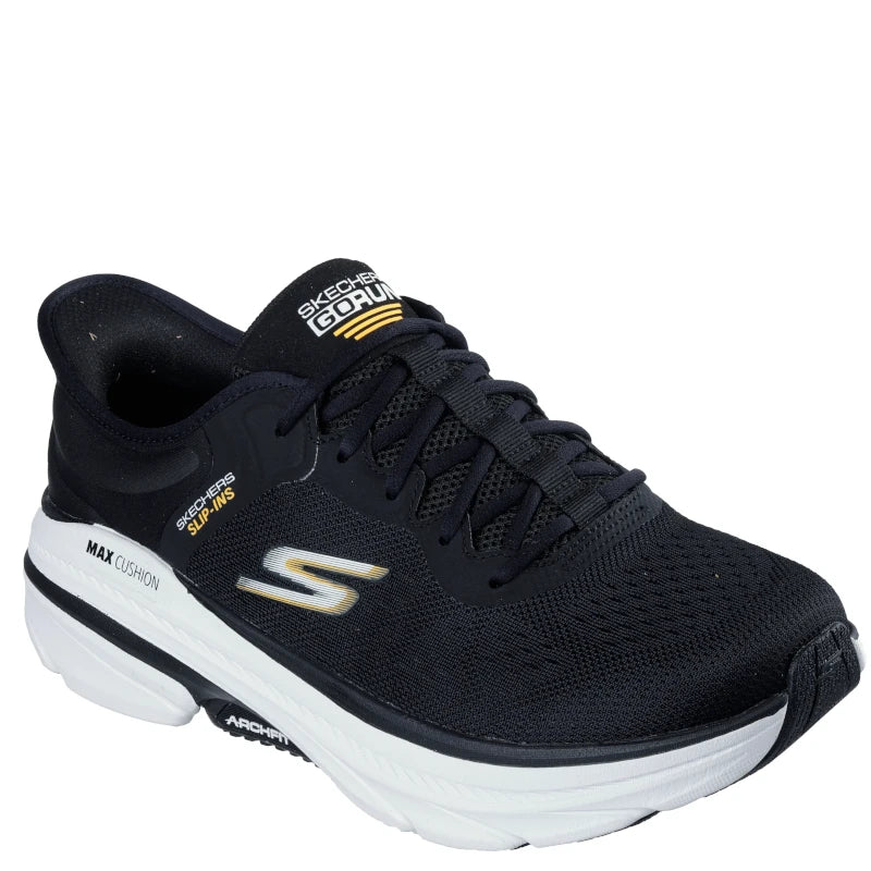 Skechers slip-ins, herremodel i sort, med lys bund, med snørre. Skoen er er designet til aktivitet og med en god komfort.