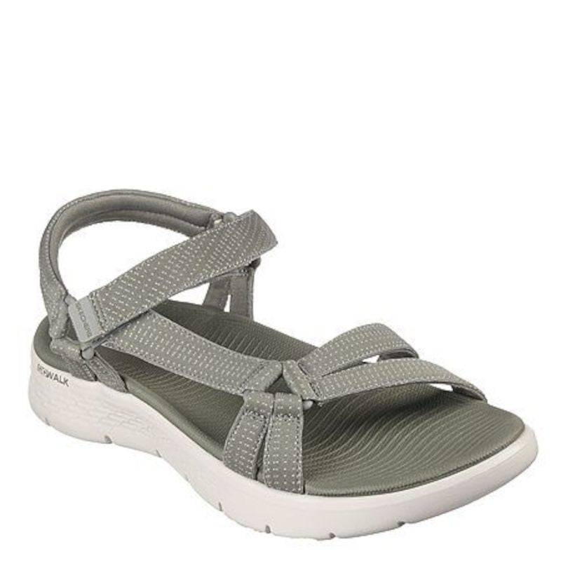 skechers sandal i oliven grøn, med en lys bund, sandal er med strpper samt en justerbar strop ved ankel. designet til aktivitet og komfort.