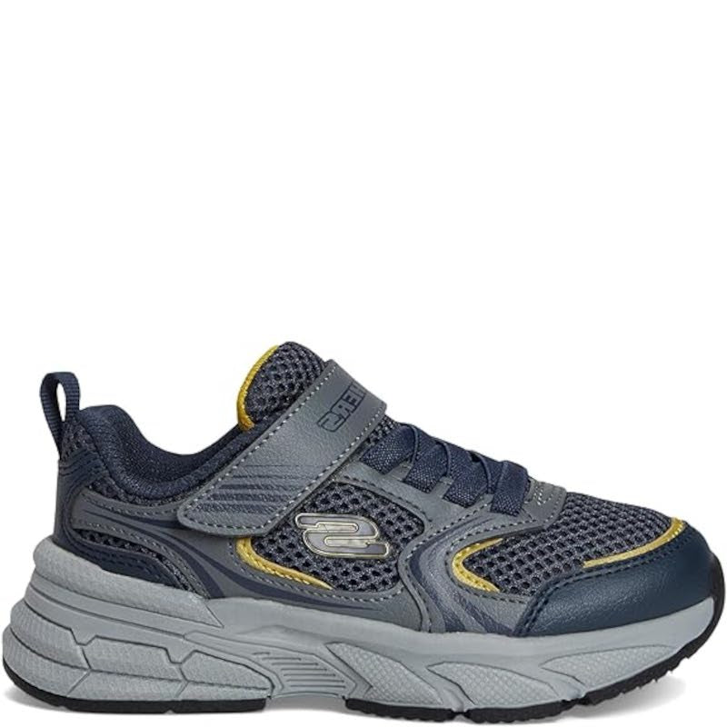 Skechers sneakers er en børnesneaker i mørkeblå og grå med elastiske snørebånd og velcrolukning, Air-Cooled Memory Foam indersål, Skech-Air stødabsorbering og fleksibel, skridsikker ydersål for komfort og stabilitet.