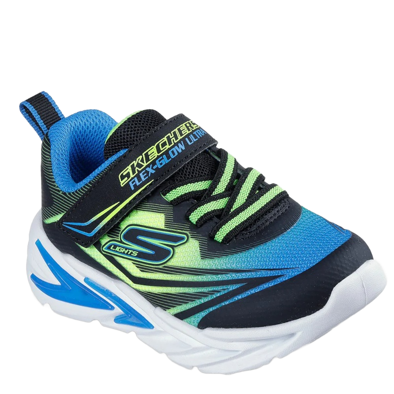 Skechers en let og komfortabel børnesneaker med åndbar mesh-overdel, stræklisser og velcrorem for nem pasform. Har lys i sålen, som kan tændes og slukkes, og en stødabsorberende mellemsål for god komfort til leg og hverdag.