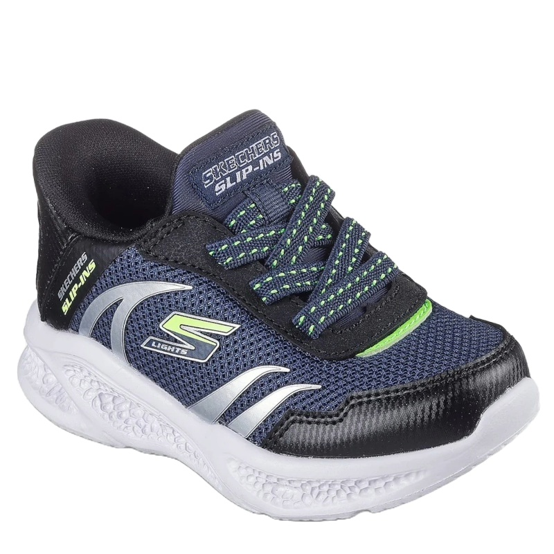 skechers slip-ins sneakers i blå til dreng, med elastik snørre og mesh overdel. skoen har en memory sål. designet til aktivitet og med en super pasform