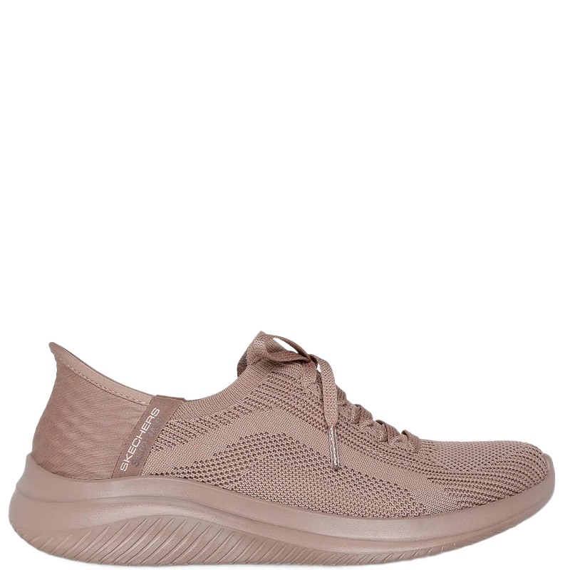 Skechers Slip-Ins Ultra Flex 3.0 i Dark Taupe (DKTP) er en stilfuld og komfortabel slip-on sneaker til kvinder med fleksibel strikoverdel, memory foam indersål og let hæl, perfekt til hverdagsbrug.
