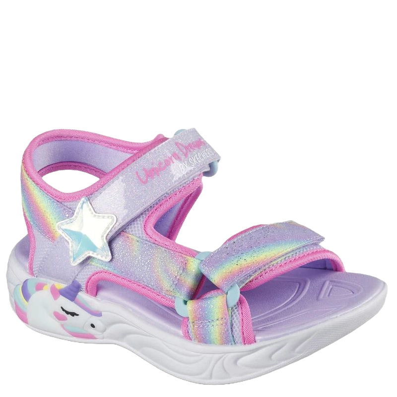skechers sandal med glimmer effekt til piger, sandalen har velcro justerbare stopper. sandalen har en super pasform, designet til aktivitet og leg.