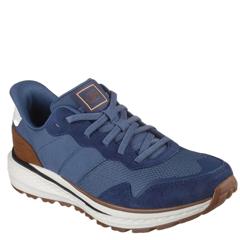 skehers slip ins sneakers, i blå og lys bund, skoen er med snørre, en smart og en god sko at bevæge sig i.