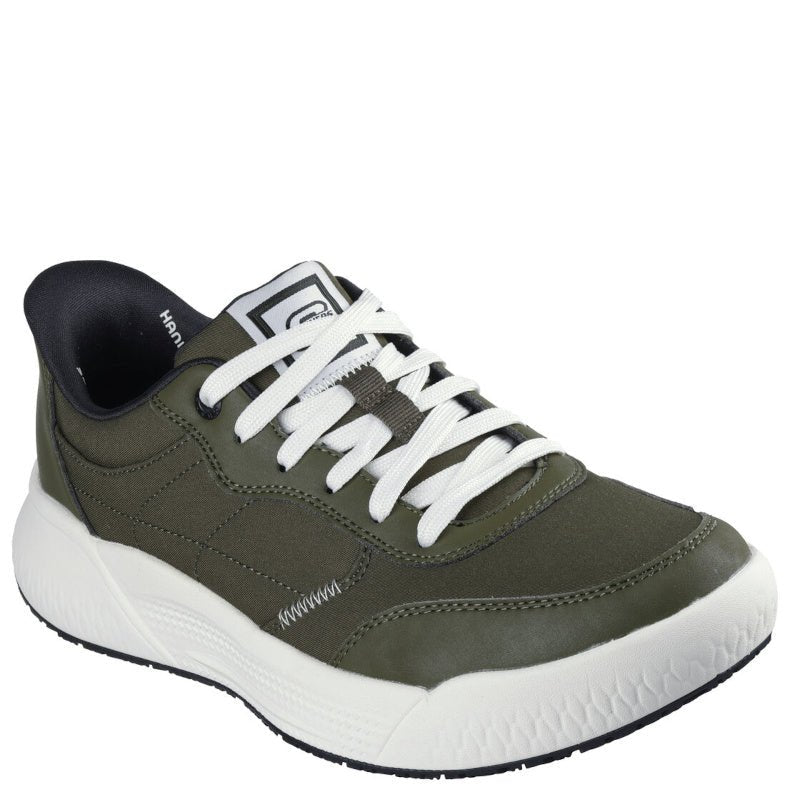 Skechers slip-ins sneakers i en yderst stilled grøn farve, med en lys bund.
Skoen har snørre.
behagelig komfort sneakers.
modellen er både flesibel og har et trendy look.