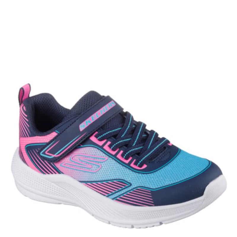 Blå og pink børnesneakers fra Skechers med elastiksnørebånd og velcrolukning, designet til aktiv leg og komfort.