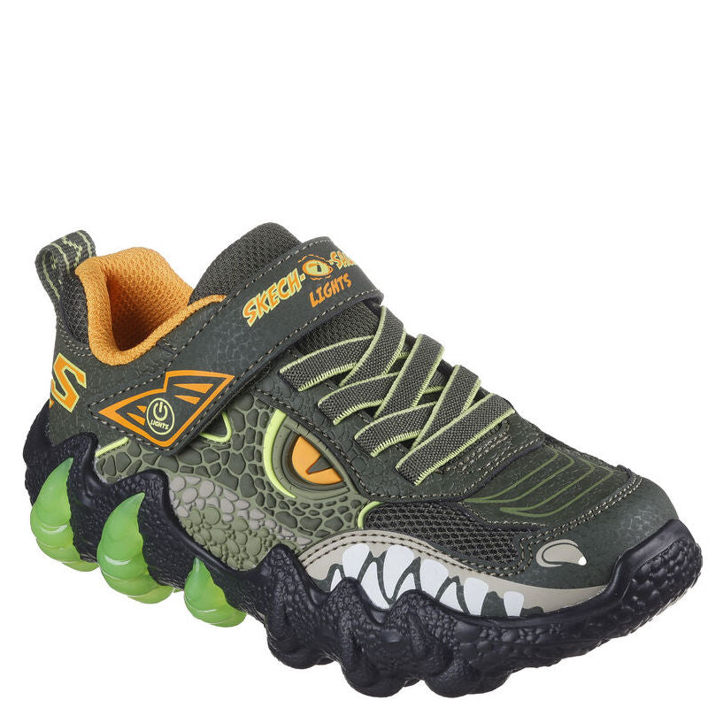 Skechers børnesneaker er en fantasifuld og sej sko med dinosaur/monsterdesign. Den har grønne og orange detaljer, lysende elementer, og et øje på siden for et ekstra vildt look. Skoen har elastiksnørebånd, velcrolukning og blød polstring – perfekt til børn, der elsker action og leg.