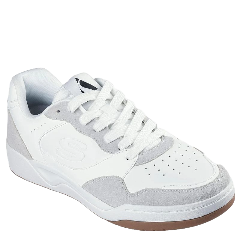 skechers sneakers i en smart stil, hvid og med grå ruskind flere steder på overdelen af skoen, skoen er med snørre, har en memory foam indersål.
en moderne og fleksibel sko at bevæge sig i.
