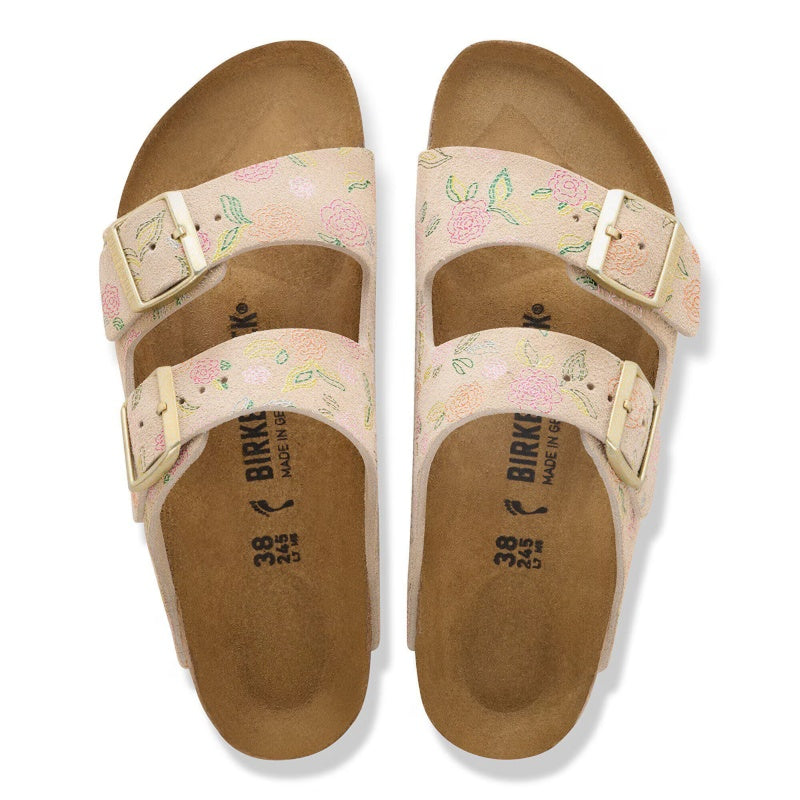 Birkenstock Arizona Rivet Logo Suede Leather Sandcastle Flower Print Sandal Smutter Dame  Blomster