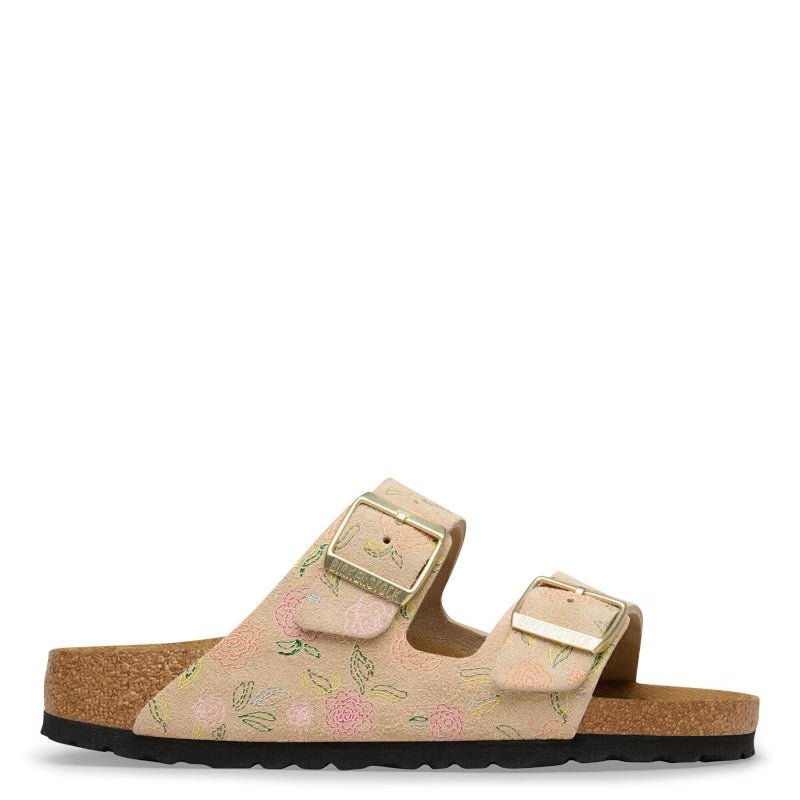 Birkenstock Arizona Rivet Logo Suede Leather Sandcastle Flower Print Sandal Smutter Dame  Blomster