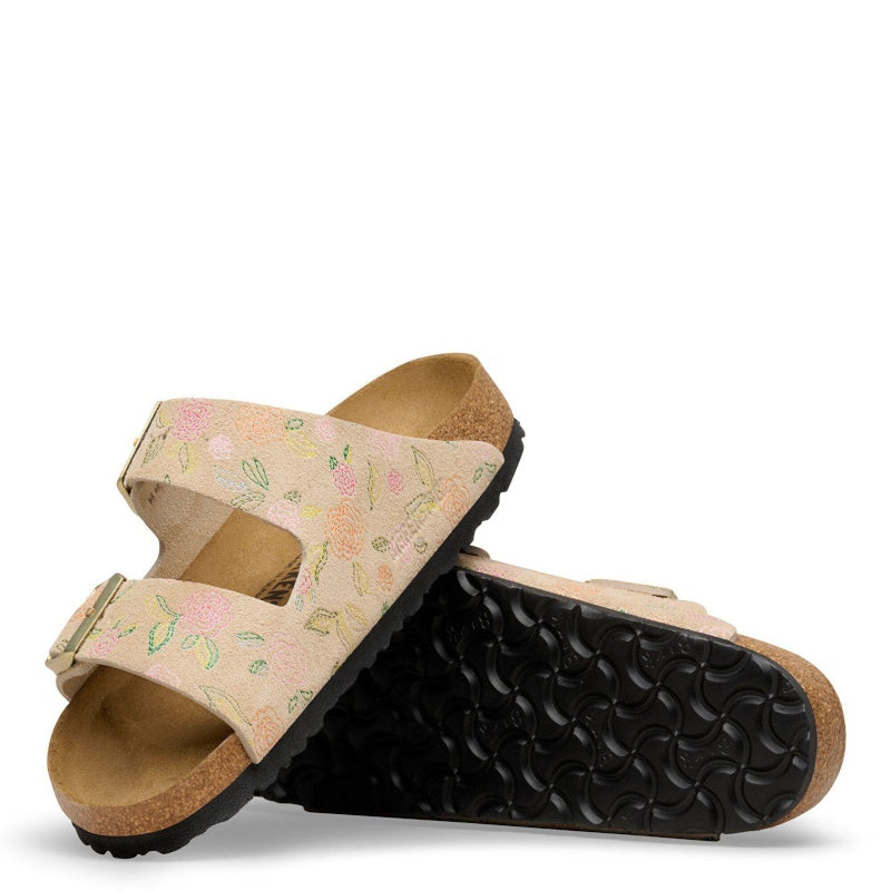 Birkenstock Arizona Rivet Logo Suede Leather Sandcastle Flower Print Sandal Smutter Dame  Blomster