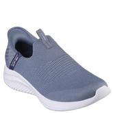 Skechers  er en dameslip‑on sneaker med strikket overdel, blød Air‑Cooled Memory Foam indlægssål og fleksibel ydersål. Den er let, komfortabel, vegansk og nem at tage på, velegnet til hverdag og gåture.
