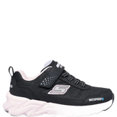 Skechers er en børnesneaker med sort mesh- og syntetisk overdel, velcro- og elastiklukning, støddæmpende mellemsål og fleksibel ydersål, designet til aktiv leg og beskyttelse mod fugt.
