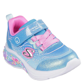 Skechers er en blå flerfarvet børnesneaker med havfrue-tema, blinkelys, velcro-lukning og komfortabel sål til leg.