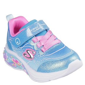Skechers er en blå flerfarvet børnesneaker med havfrue-tema, blinkelys, velcro-lukning og komfortabel sål til leg.