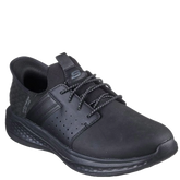 Sort relaxed-fit sneaker med stretch-snørebånd og en elegant kombination af læder og syntetiske materialer. Designet med Skechers' Hands‑Free Slip‑ins®‑teknologi og eksklusiv Heel Pillow™ hælpolstring for enkel 