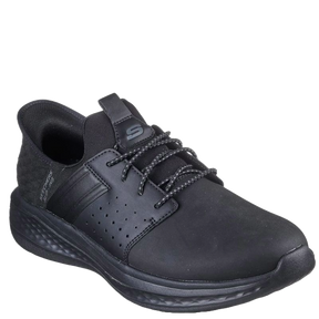 Sort relaxed-fit sneaker med stretch-snørebånd og en elegant kombination af læder og syntetiske materialer. Designet med Skechers' Hands‑Free Slip‑ins®‑teknologi og eksklusiv Heel Pillow™ hælpolstring for enkel 