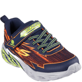 Skechers børnesneaker med mesh og syntetisk overdel, lyseffekter i mellemsålen, elastiske snørebånd + velcrolukning for nem af- og påtagning og en fleksibel ydersål med godt greb.