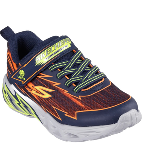 Skechers børnesneaker med mesh og syntetisk overdel, lyseffekter i mellemsålen, elastiske snørebånd + velcrolukning for nem af- og påtagning og en fleksibel ydersål med godt greb.
