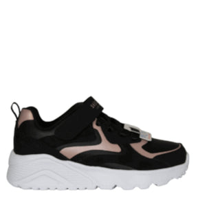 Skechers sneakers er en børnesneaker med sort overdel og rosaguld metallic detaljer, Air-Cooled Memory Foam indersål, Skech-Air stødabsorbering, justerbar velcrolukning og fleksibel, skridsikker ydersål for komfort og stabilitet.