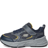 Skechers sneakers er en børnesneaker i mørkeblå og grå med elastiske snørebånd og velcrolukning, Air-Cooled Memory Foam indersål, Skech-Air stødabsorbering og fleksibel, skridsikker ydersål for komfort og stabilitet.