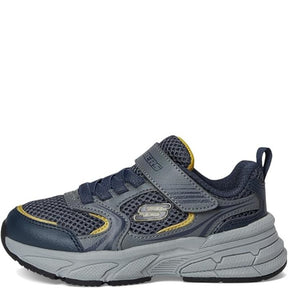 Skechers sneakers er en børnesneaker i mørkeblå og grå med elastiske snørebånd og velcrolukning, Air-Cooled Memory Foam indersål, Skech-Air stødabsorbering og fleksibel, skridsikker ydersål for komfort og stabilitet.