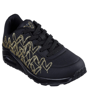 Skechers sneakers i sort/guld ikoniske gyldne “Lovewall”‑hjerter på overdelen, Air‑Cooled Memory Foam® indersål for komfort og en fleksibel Skech‑Air® mellemsål, der giver blød støddæmpning og let gang.
