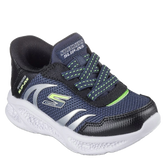skechers slip-ins sneakers i blå til dreng, med elastik snørre og mesh overdel. skoen har en memory sål. designet til aktivitet og med en super pasform