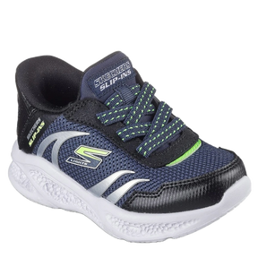 skechers slip-ins sneakers i blå til dreng, med elastik snørre og mesh overdel. skoen har en memory sål. designet til aktivitet og med en super pasform