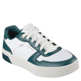 Skechers sneakers til dame, har et stilrent og klassisk design i hvid med mørkegrønne detaljer. skoen har et sporty look med snørelukning, robust sål og Skechers-logo i guld. En alsidig sko, der kombinerer komfort og mode – perfekt til både hverdag og fritid.