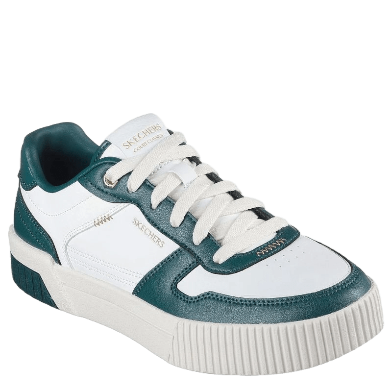 Skechers sneakers til dame, har et stilrent og klassisk design i hvid med mørkegrønne detaljer. skoen har et sporty look med snørelukning, robust sål og Skechers-logo i guld. En alsidig sko, der kombinerer komfort og mode – perfekt til både hverdag og fritid.