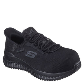Skechers slip-ins arbejdssko til dame i sort, det er en sort sikkerhedssko med komposit-tåkappe, elastiksnørebånd og åndbar mesh-overdel. Den er udstyret med Arch Fit støtte, skridhæmmende sål og er godkendt til arbejde med høj komfort og beskyttelse hele dagen.