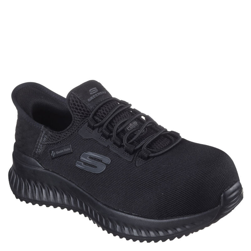 Skechers slip-ins arbejdssko til dame i sort, det er en sort sikkerhedssko med komposit-tåkappe, elastiksnørebånd og åndbar mesh-overdel. Den er udstyret med Arch Fit støtte, skridhæmmende sål og er godkendt til arbejde med høj komfort og beskyttelse hele dagen.