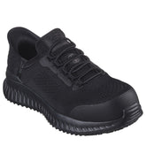 Skechers slip-ins arbejdssko til herre, i farven sort, sporty sikkerhedssko med elastiske snørebånd og åndbar mesh-overdel. Den har forstærket tå, stødabsorberende sål og skridhæmmende ydersål. Ideel til krævende arbejdsdage med fokus på komfort og beskyttelse.