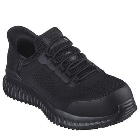 Skechers slip-ins arbejdssko til herre, i farven sort, sporty sikkerhedssko med elastiske snørebånd og åndbar mesh-overdel. Den har forstærket tå, stødabsorberende sål og skridhæmmende ydersål. Ideel til krævende arbejdsdage med fokus på komfort og beskyttelse.