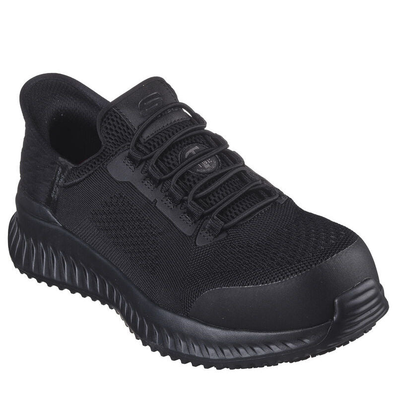 Skechers slip-ins arbejdssko til herre, i farven sort, sporty sikkerhedssko med elastiske snørebånd og åndbar mesh-overdel. Den har forstærket tå, stødabsorberende sål og skridhæmmende ydersål. Ideel til krævende arbejdsdage med fokus på komfort og beskyttelse.