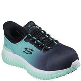 Skechers slip-ins dame arbejdssko, er en sikkerhedssko i sort og mintgrøn nuancer, med elastiksnørebånd og forstærket tåkappe. Den har åndbar overdel, Memory Foam-indersål og en skridhæmmende sål, der giver både komfort og beskyttelse på jobbet, med et friskt, feminint udtryk.