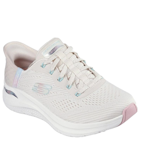 skechers slip-ins sneakers i en lys farve og snørre, skoen er med memory foam indersål, mesh overdel, super fleksibel sko at bevæge sig i.