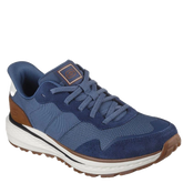 skehers slip ins sneakers, i blå og lys bund, skoen er med snørre, en smart og en god sko at bevæge sig i.