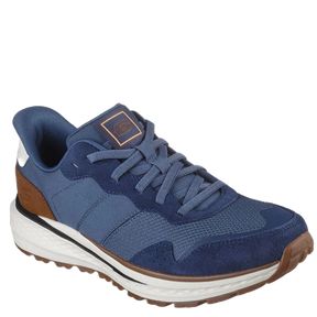 skehers slip ins sneakers, i blå og lys bund, skoen er med snørre, en smart og en god sko at bevæge sig i.