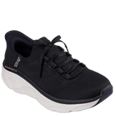 Skechers Slip-ins sneakers  i sort og hvid med strikket sok-lignende overdel, elastiksnørebånd, let EVA-sål og lav hæl, designet til komfort og hverdagsbrug.