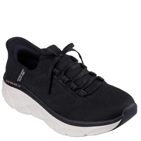 Skechers Slip-ins sneakers  i sort og hvid med strikket sok-lignende overdel, elastiksnørebånd, let EVA-sål og lav hæl, designet til komfort og hverdagsbrug.