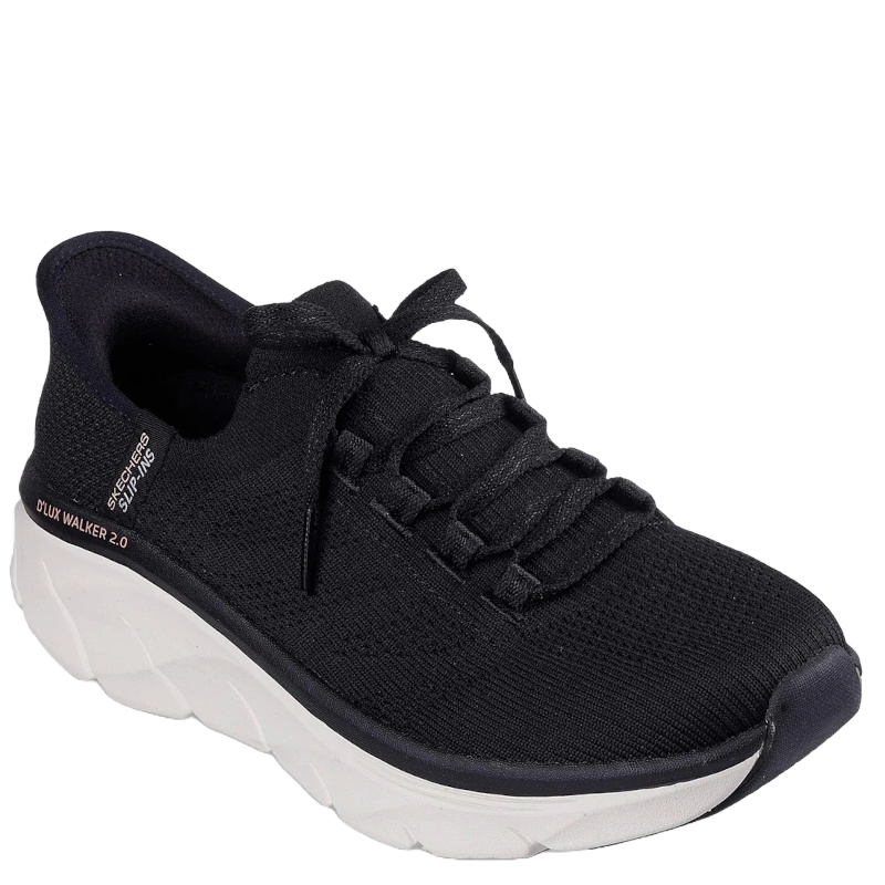 Skechers Slip-ins sneakers  i sort og hvid med strikket sok-lignende overdel, elastiksnørebånd, let EVA-sål og lav hæl, designet til komfort og hverdagsbrug.