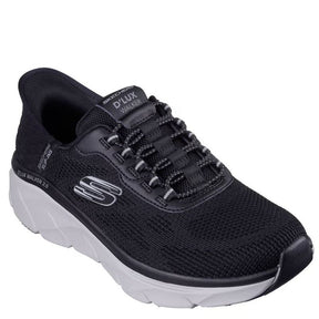 skecher sneakers slip-ins model til herre, skoen er i sort med hvid bund, elastik snørre, samt en memory foam sål. en fleksibel sko, med et godt greb.
