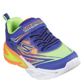 Skechers børne sneakers er en farverig og energisk sko.
Den har stærke farver som blå, limegrøn og orange samt lys i sålen, der aktiveres ved bevægelse. 
Skoen har elastiksnørebånd og velcrolukning, hvilket gør den nem at tage af og på. perfekt til aktive børn med fart på.