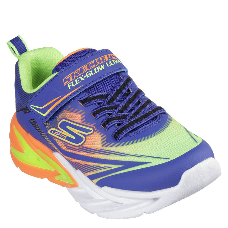 Skechers børne sneakers er en farverig og energisk sko.
Den har stærke farver som blå, limegrøn og orange samt lys i sålen, der aktiveres ved bevægelse. 
Skoen har elastiksnørebånd og velcrolukning, hvilket gør den nem at tage af og på. perfekt til aktive børn med fart på.