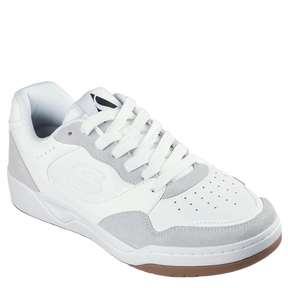 skechers sneakers i en smart stil, hvid og med grå ruskind flere steder på overdelen af skoen, skoen er med snørre, har en memory foam indersål.
en moderne og fleksibel sko at bevæge sig i.