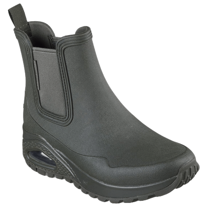Skechers dame støvle er en vandafvisende gummistøvle med elastik paneler samt strop.
Den har en støddæmpende mellemsål med synlig Air-Cooled hælpude og en grov ydersål for godt greb. Perfekt til regnfulde og våde dage med komfort i fokus.
